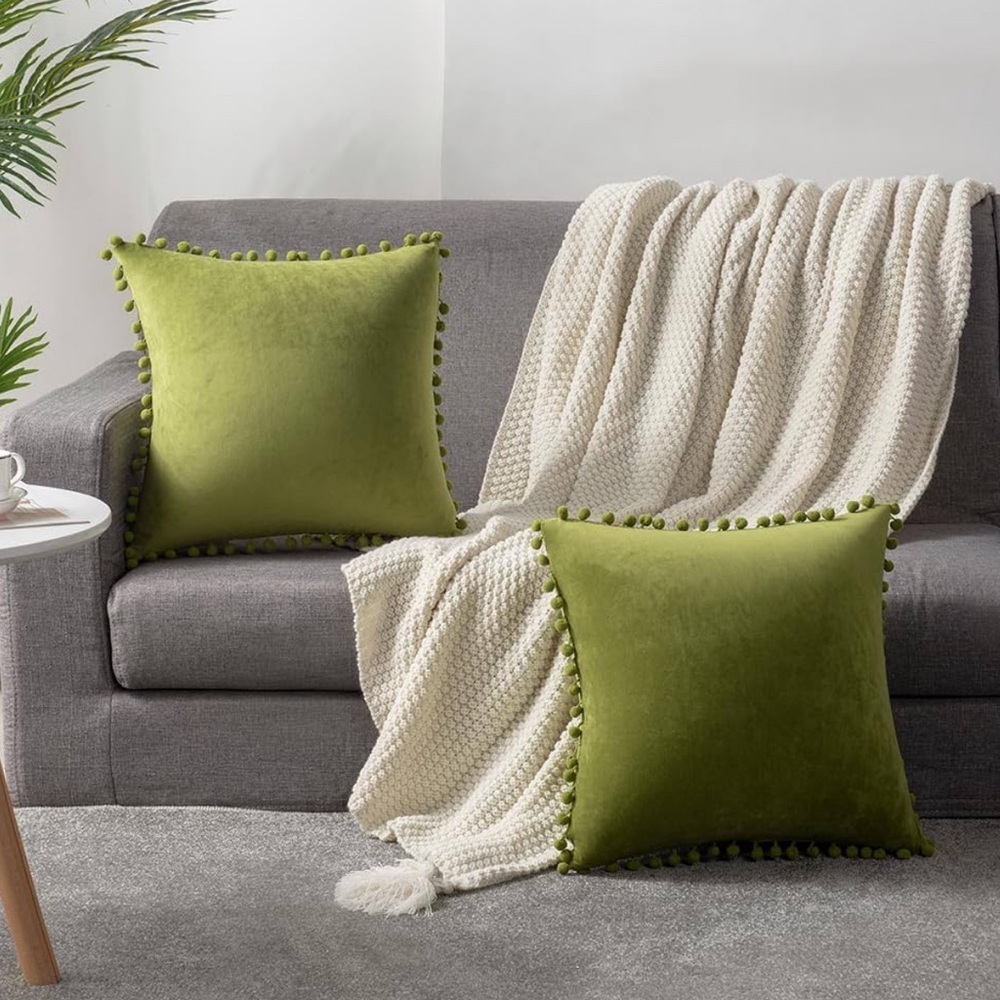 DEZENE Couch Pillow Cases 24x24 Chartreuse: 2 Pack  Soft Pom-Poms Velvet Square - Picture 3 of 9